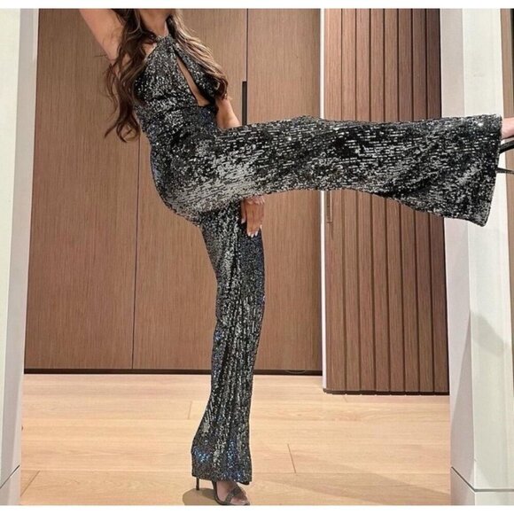 NEW! Anthropologie Maeve Sequin Halter Jumpsuit Carbon Black Silver SZ 10 - Picture 7 of 14